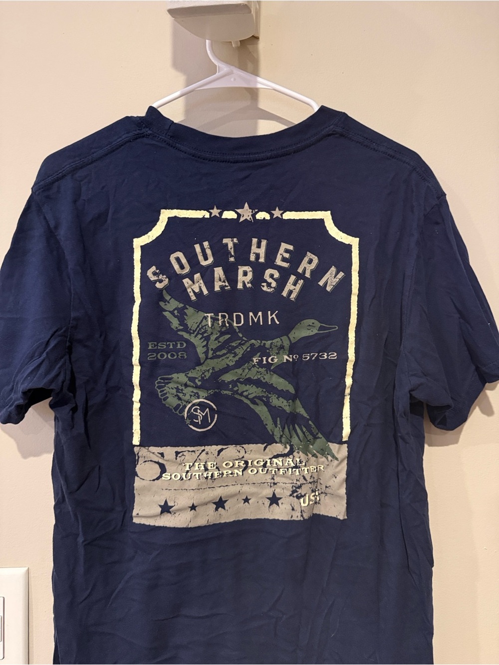 Southern Marsh Navy Short Sleeve Tee with Cream Border and Green Duck Graphic